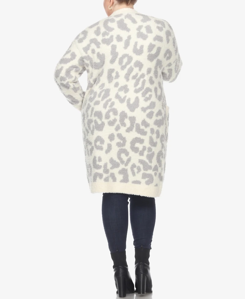 White Mark Plus Leopard Print Open Front Sherpa Sweater