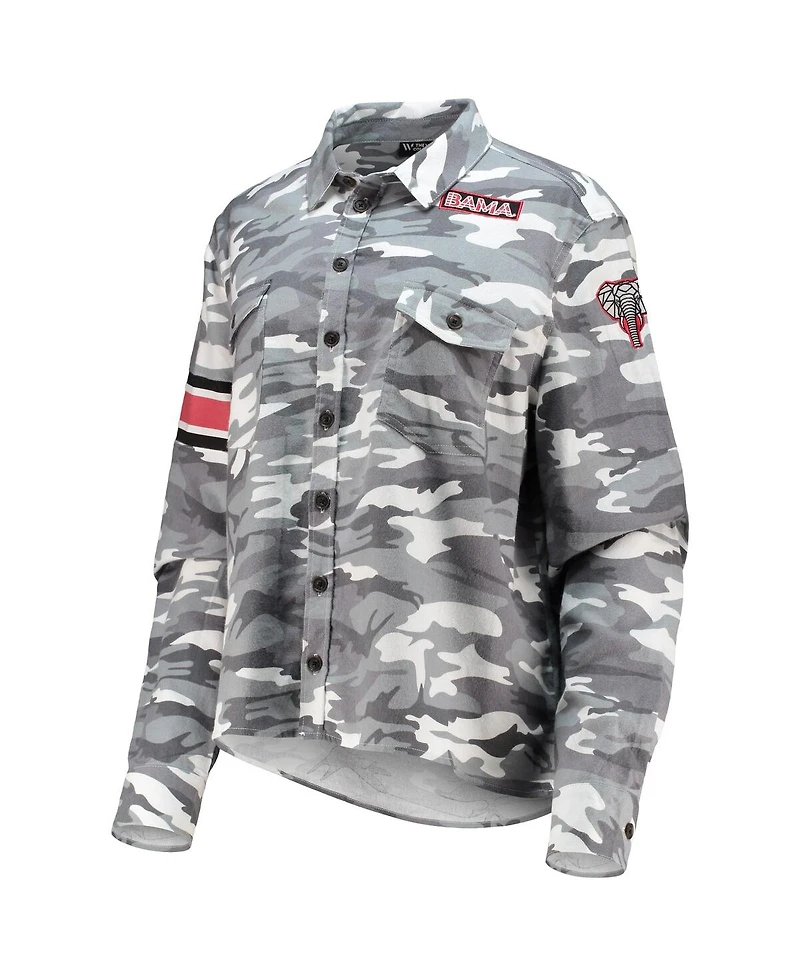 Women's The Wild Collective Gray Alabama Crimson Tide Camo Flannel Button-Up Long Sleeve Shirt