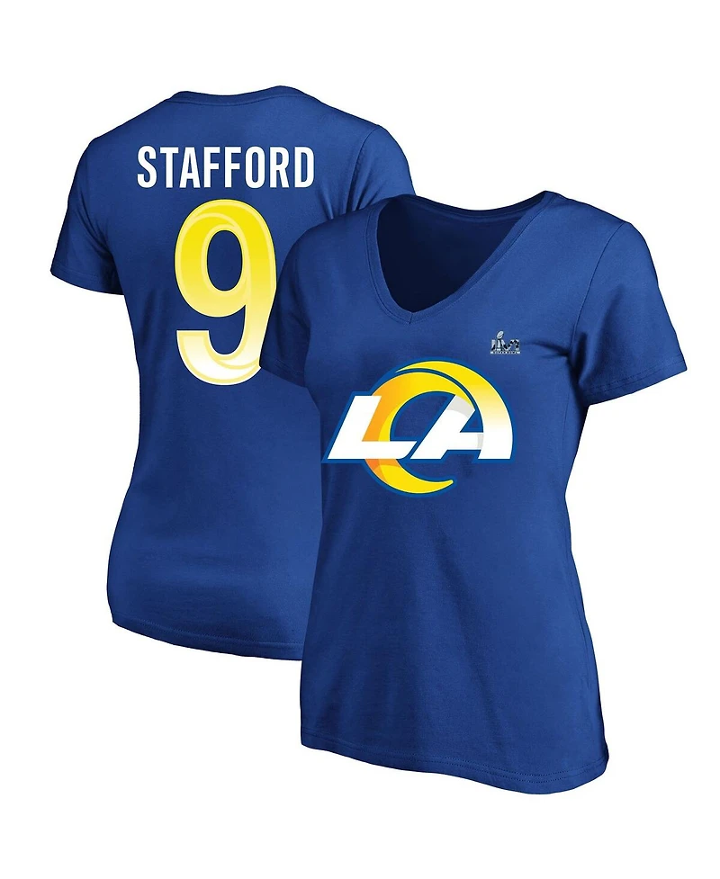 Women's Fanatics Matthew Stafford Royal Los Angeles Rams Super Bowl Lvi Plus Size Name and Number V-Neck T-shirt