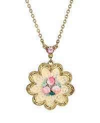 2028 Gold-Tone White Pink Rose Knit Flower Necklace