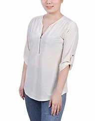 Ny Collection Petite 3/4 Roll Tab Zip Front Jacquard Knit Top
