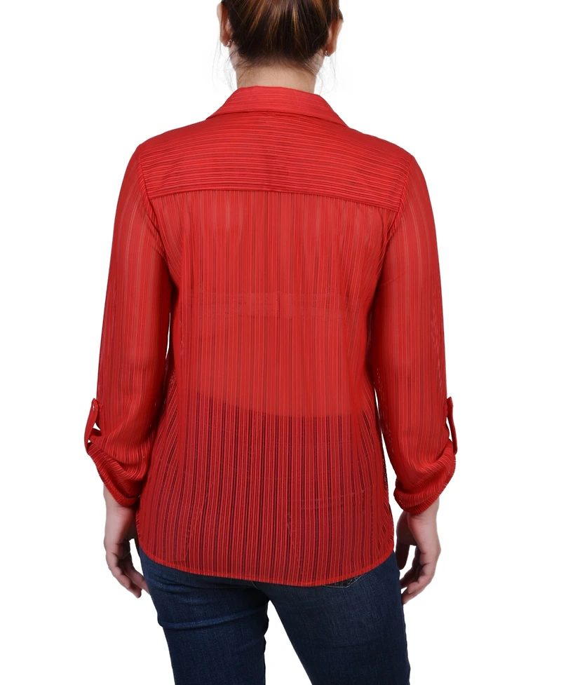 Ny Collection Petite Long Roll Tab Sleeve Burnout Knit Top