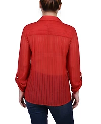 Ny Collection Petite Long Roll Tab Sleeve Burnout Knit Top