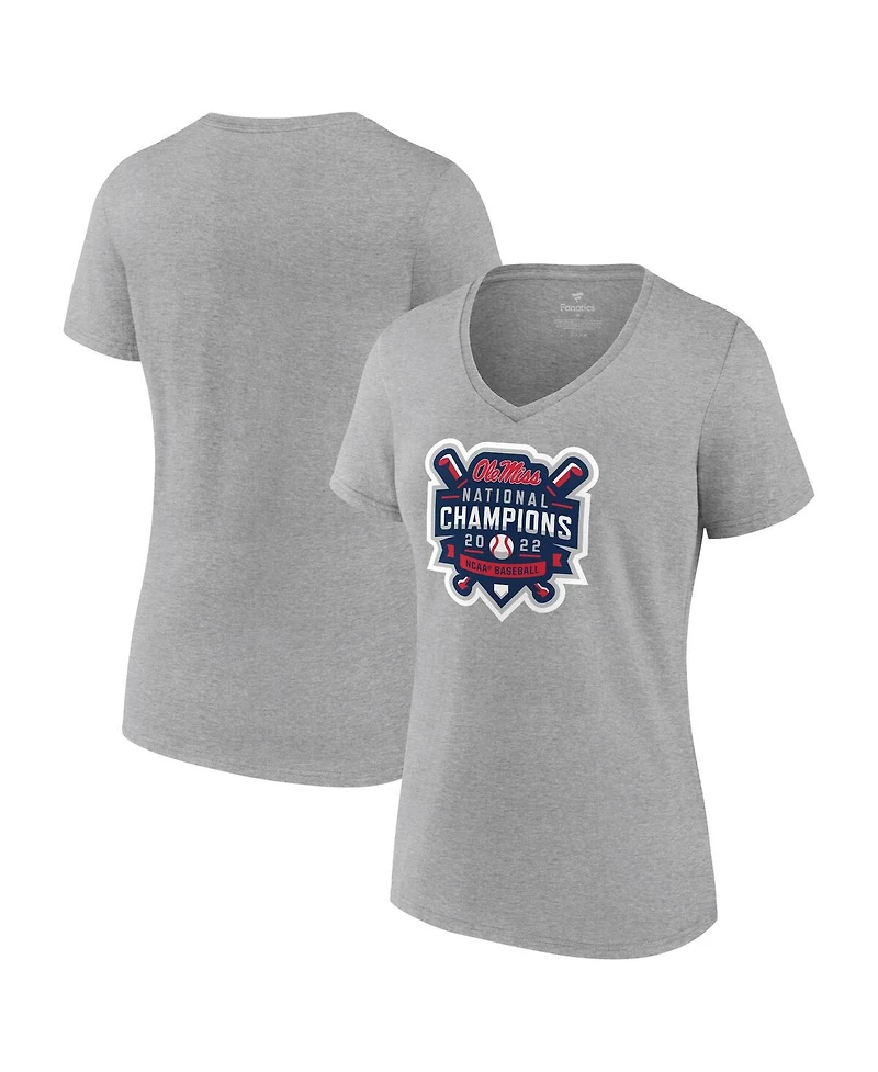 Women's Fanatics Heathered Gray Ole Miss Rebels 2022 Ncaa Men's Baseball College World Series Champions Official Logo V-Neck T-shirt