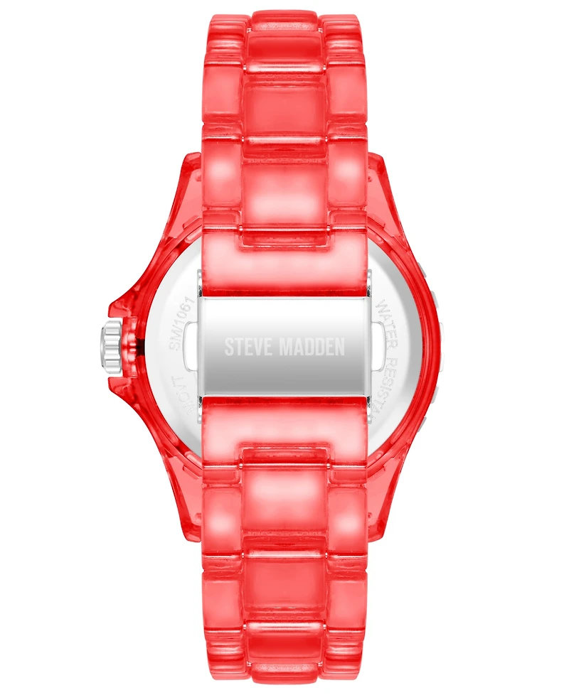 Steve Madden Women's Analog Transparent Red Plastic with Rainbow Crystal Bracelet Watch, 40mm
