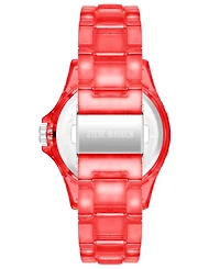 Steve Madden Women's Analog Transparent Red Plastic with Rainbow Crystal Bracelet Watch, 40mm