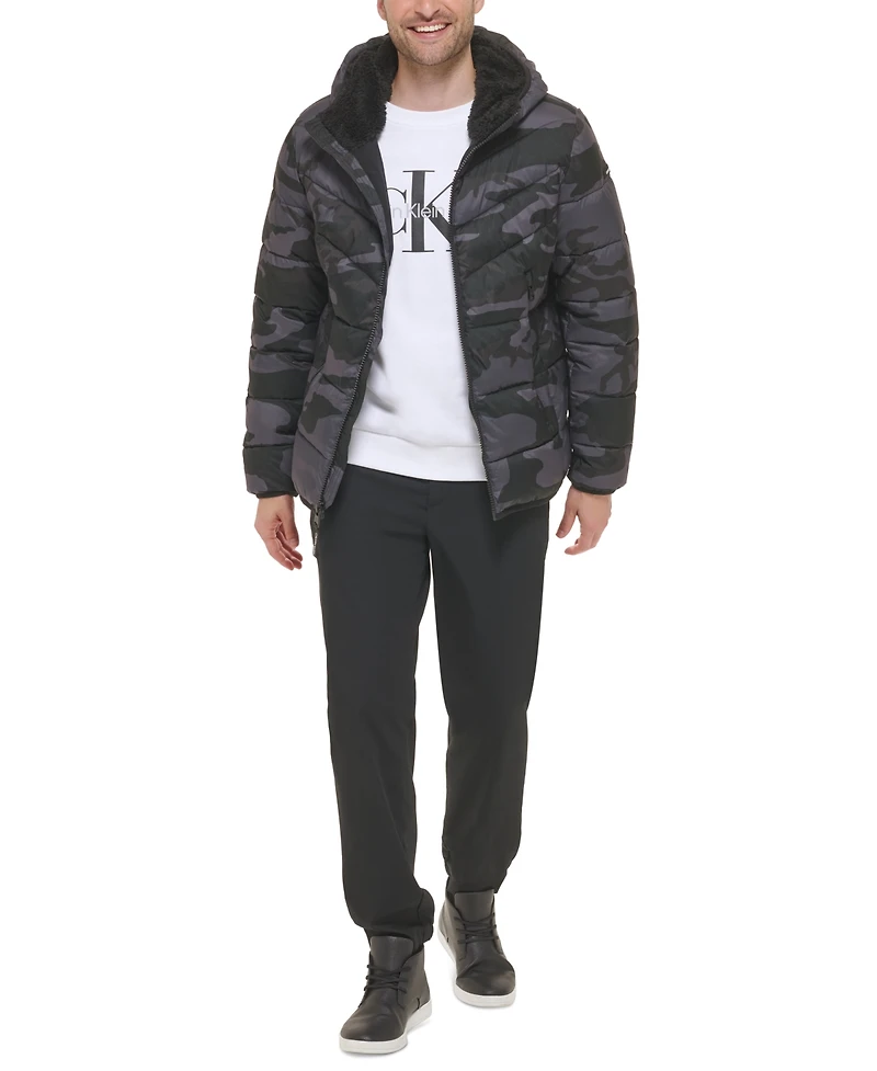 Calvin Klein Men's Chevron Stretch Jacket With Sherpa Lined Hood