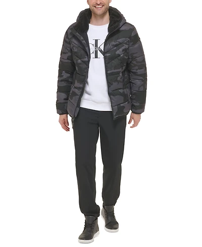 Calvin Klein Men's Chevron Stretch Jacket With Sherpa Lined Hood
