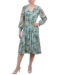 Ny Collection Womens Long Sleeve Clip Dot Chiffon Dress With Smocked Waist Cuffs Dress