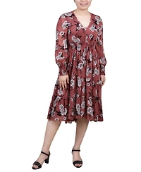 Women's Long Sleeve Clip Dot Chiffon Dress with Smocked Waist and Cuffs