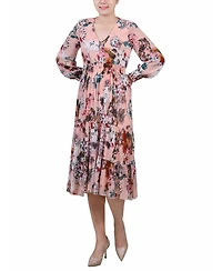 Women's Long Sleeve Clip Dot Chiffon Dress with Smocked Waist and Cuffs