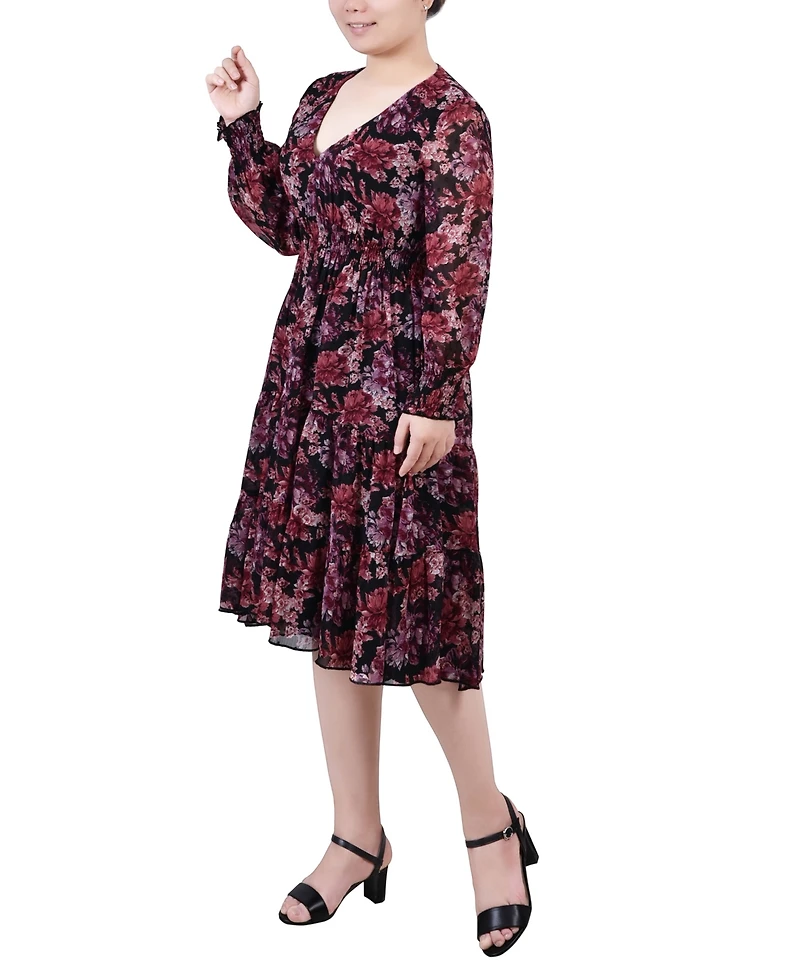 Women's Long Sleeve Clip Dot Chiffon Dress with Smocked Waist and Cuffs