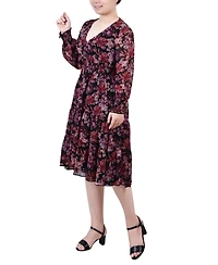 Women's Long Sleeve Clip Dot Chiffon Dress with Smocked Waist and Cuffs