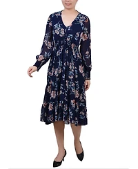 Women's Long Sleeve Clip Dot Chiffon Dress with Smocked Waist and Cuffs