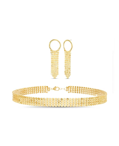 kensie Boxed Hoop and Chain Mail Fringe Dangle Post Earrings with Chain Mail Choker Necklace Set, 2 Piece