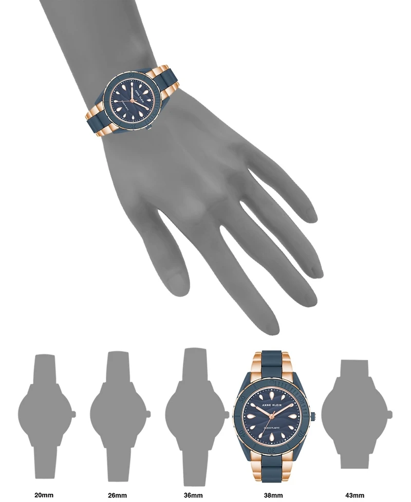 Anne Klein Women's Three-Hand Quartz Rose Gold-Tone and Blue Solar Oceanwork Plastic Bracelet Watch, 38.5mm