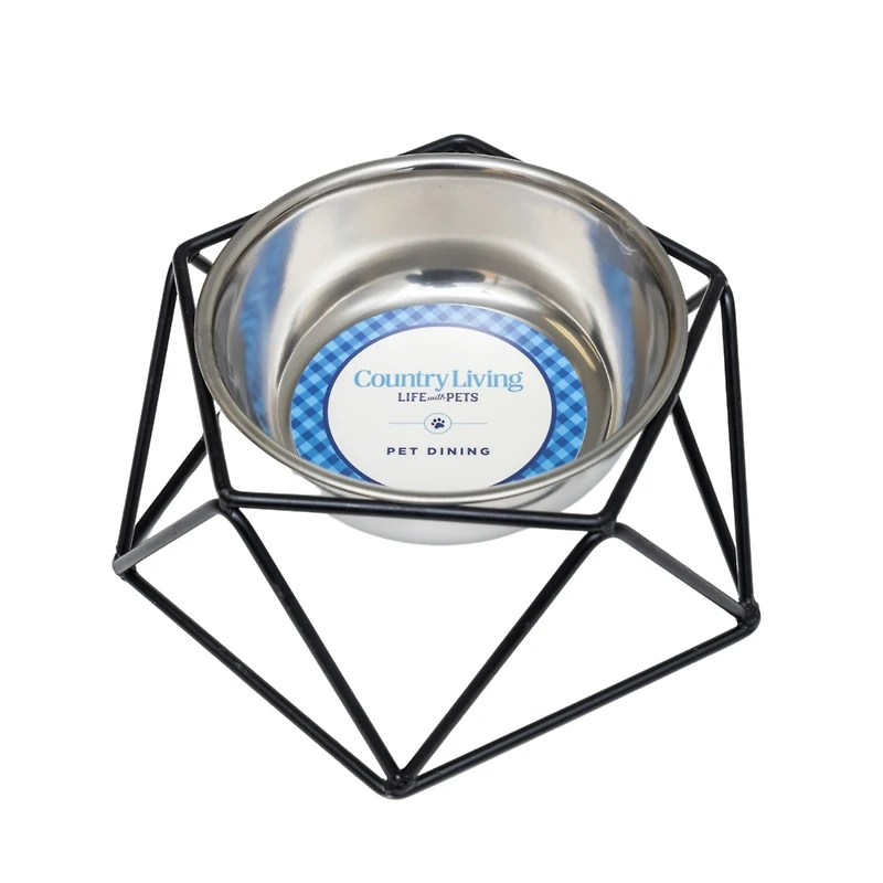 Country Living Elevated Stainless Steel Bowl, Modern Artisan Geometric Design, Single Pet Feeder