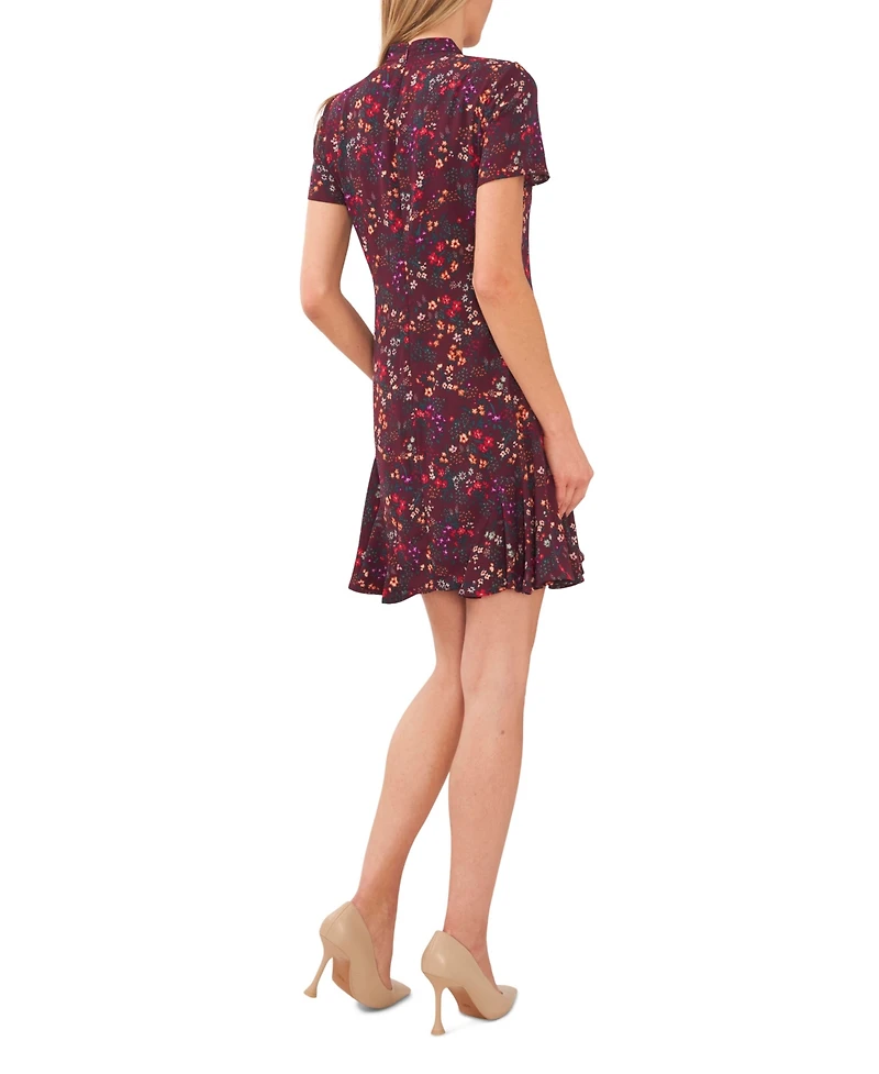 CeCe Women's Short Sleeve Printed Godet Dress With Bow Neck