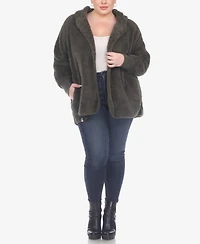 White Mark Plus Plush Hooded Cardigan Jacket with Pockets
