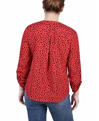 Petite 3/4 Sleeve Roll Tab Y Neck Blouse