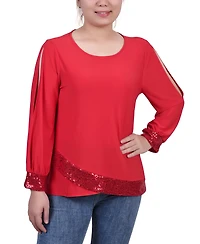 Ny Collection Petite Long Sleeve Knit Top with Sequin Hem