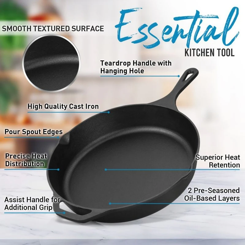 Heavy Duty Pre-Seasoned 12 Inch Iron Cast Skillet for Indoor & Outdoor Cooking - Grill, Stovetop, Induction, Oven & Campfire Safe