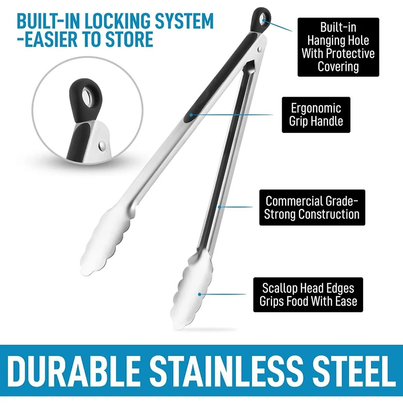 Zulay Kitchen Easy Grip Stainless Steel Tongs With Lock Mechanism