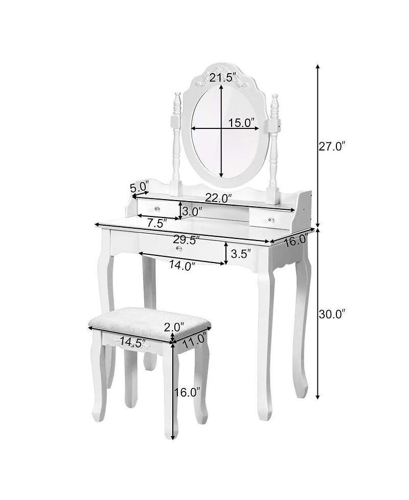Costway White Vanity Wood Makeup Dressing Table Stool 3 Drawer
