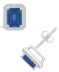 Macy's Lab Grown Sapphire (2-1/3 ct. t.w.) and Lab Grown White Sapphire (1/4 ct. t.w.) Halo Studs in 10K White Gold