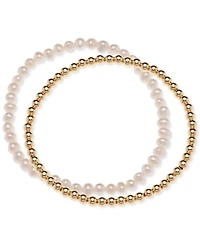 2-Pc. Set Cultured Freshwater Pearl (4-1/2 - 5mm) & Polished Bead Stretch Bracelets in 18k Gold-Plated Sterling Silver