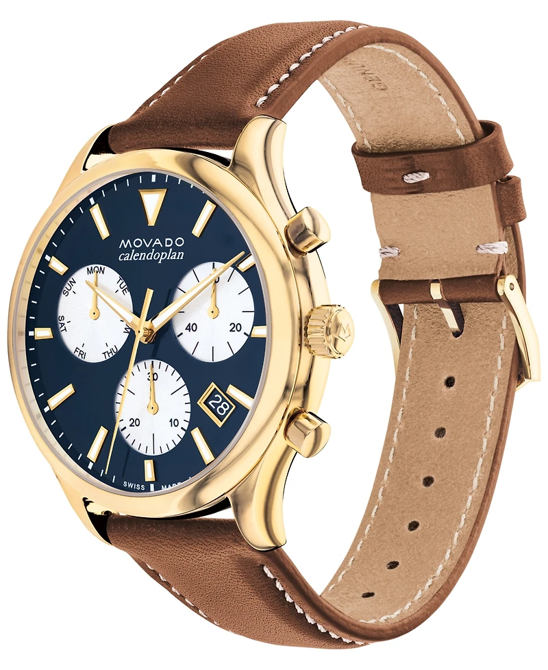 Movado Men's Heritage Calendoplan Swiss Quartz Chronograph Cognac Genuine Leather Strap Watch 43mm