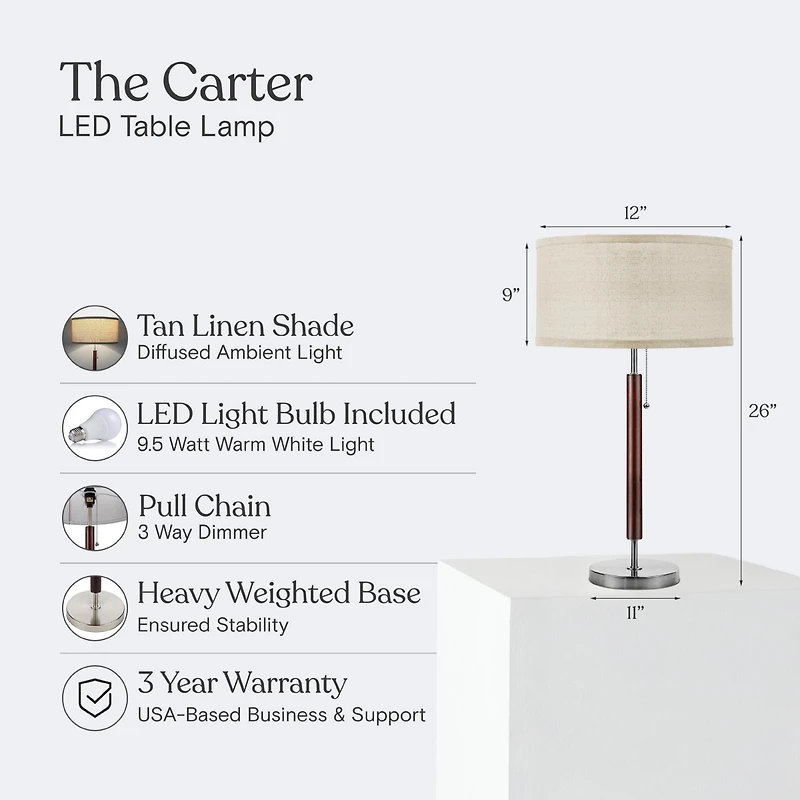 Carter Wood Led Classic Table Lamp with Walnut Finish (26"), Bulb Included