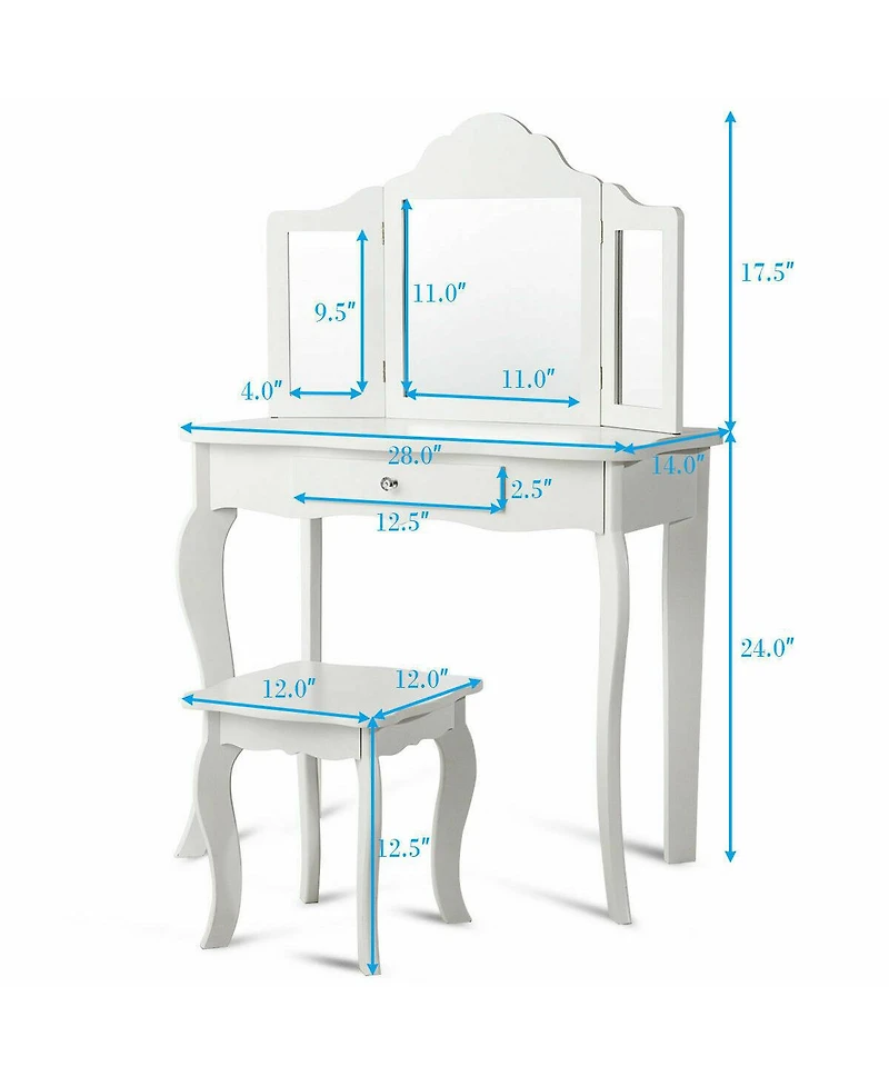 Costway Vanity Table Set Makeup Dressing Table Kids Stool Mirror