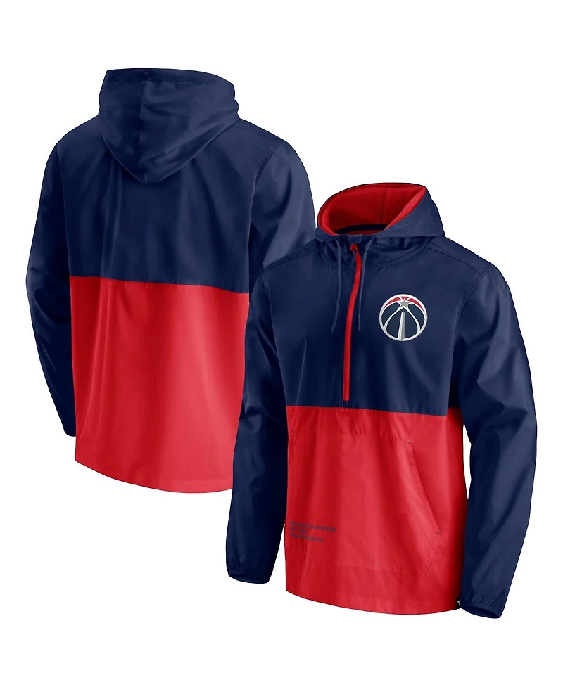 Men's Fanatics Navy and Red Washington Wizards Anorak Block Party Windbreaker Half-Zip Hoodie Jacket