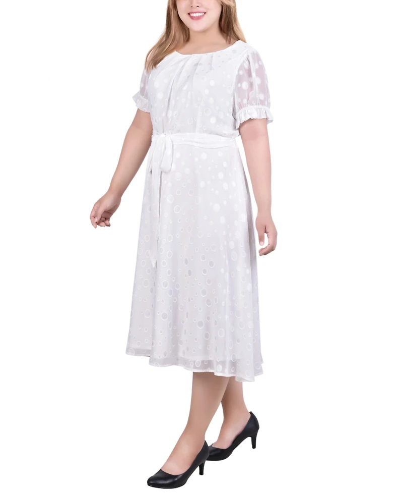 Ny Collection Plus Short Sleeve Belted Swiss Dot Dress