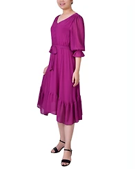 Ny Collection Women's 3/4 Sleeve V-Neck Flounced Dress