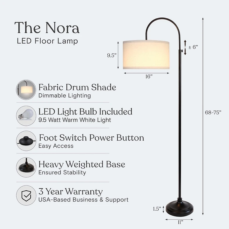 Nora Modern Led Arc Floor Lamp with Adjustable Height (68")
