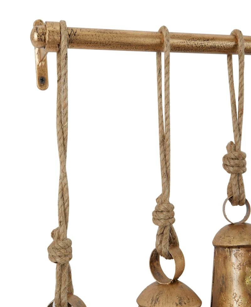 Rosemary Lane Gray Metal Tibetan Inspired Meditation Decorative Cow Bell with Jute Hanging Rope and Rod 48" x 5" x 28"