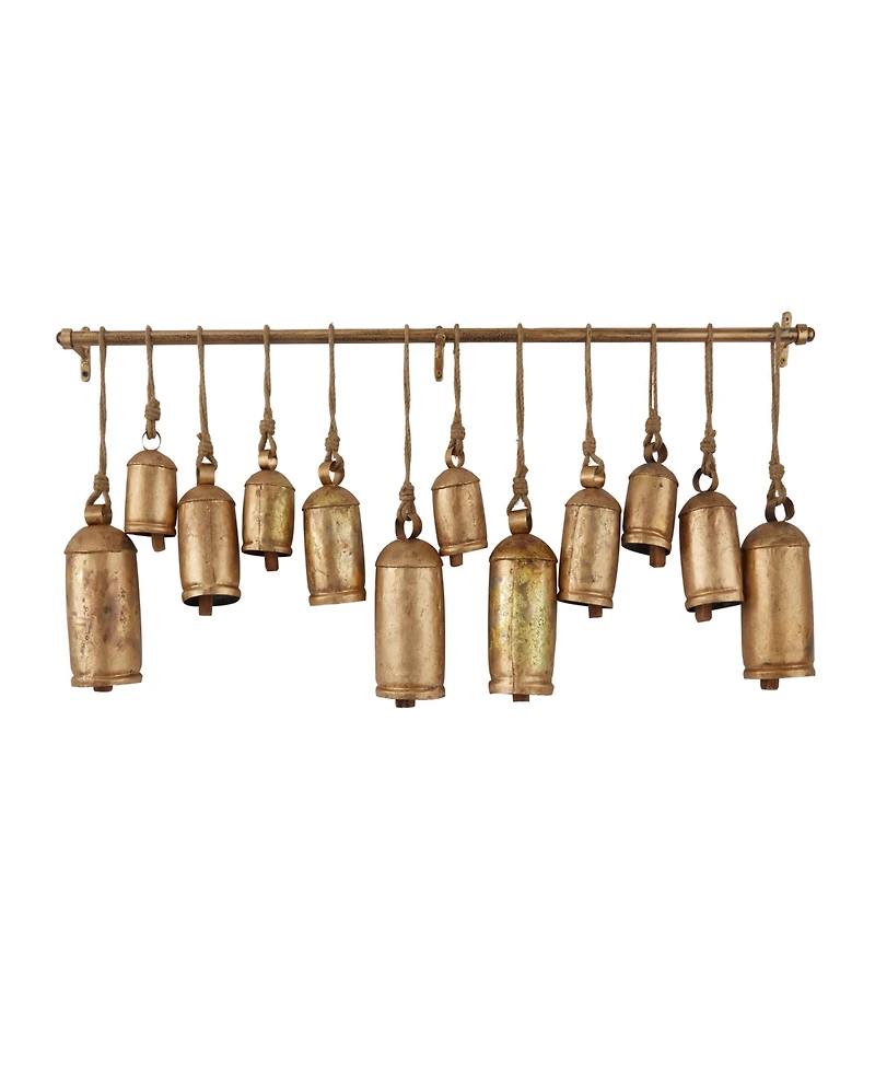 Rosemary Lane Bronze Metal Tibetan Inspired Meditation Decorative Cow Bell with Jute Hanging Rope and Rod 48" x 6" x 20"