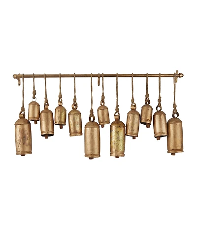 Rosemary Lane Bronze Metal Tibetan Inspired Meditation Decorative Cow Bell with Jute Hanging Rope and Rod 48" x 6" x 20"