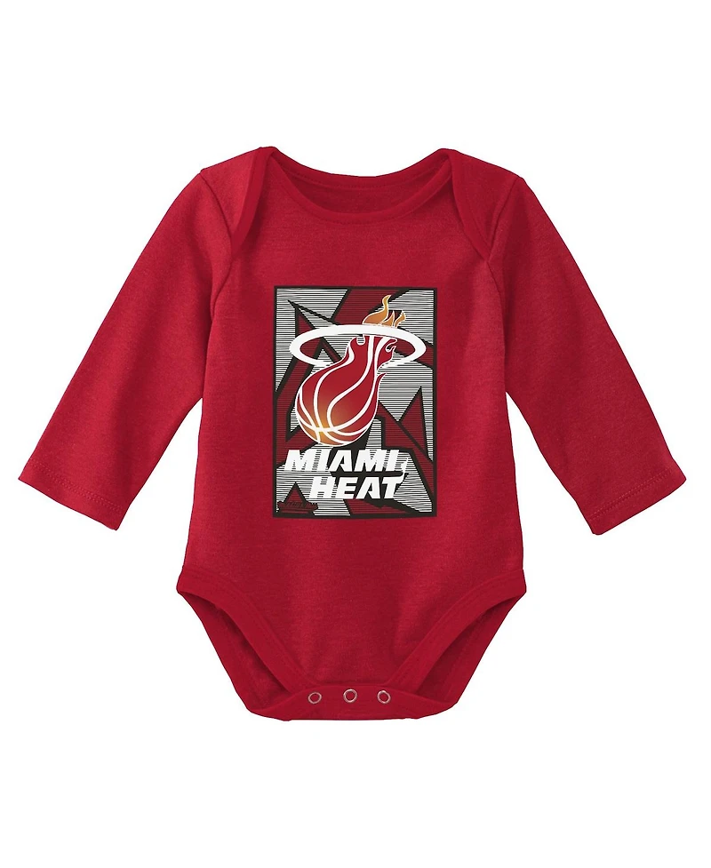 Infant Boys and Girls Mitchell & Ness Black, Red Miami Heat Hardwood Classics Bodysuits and Cuffed Knit Hat Set