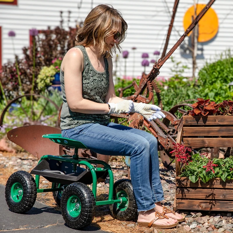 Rolling Garden Cart Scooter with Wheels and Tool Tray - 360-Degree Swivel Seat - Green