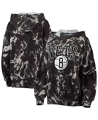 Women's Majestic Threads Black Brooklyn Nets Burble Tie-Dye Tri-Blend Pullover Hoodie