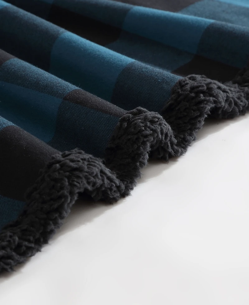 Eddie Bauer Plaid Cotton Yarn Dye Flannel Faux Shearling Reverse Throw, 60" X 50"