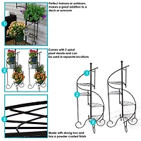 Indoor/Outdoor Iron Metal 4-Tiered Potted Flower Plant Stand with Spiral Staircase Design - 56" - Black - 2pk