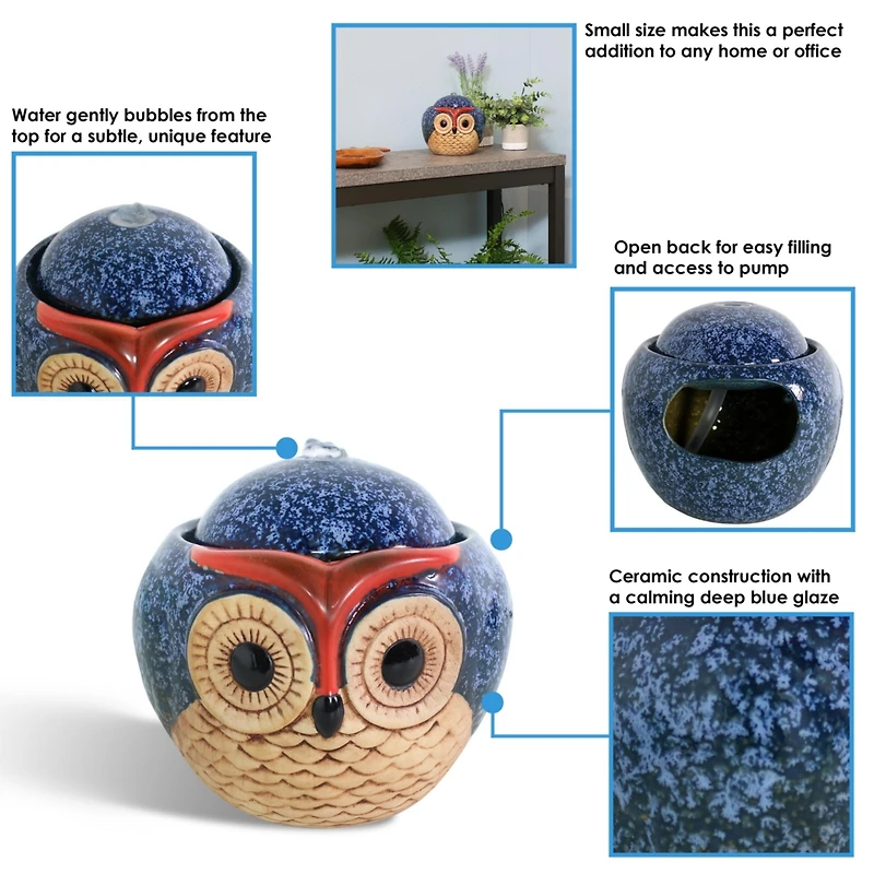Indoor Home Office Decorative Smooth Glazed Ceramic Owl Tabletop Water Fountain Feature - 7"