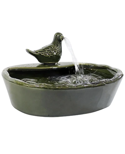 Outdoor Solar Powered Glazed Ceramic Dove Water Fountain with Submersible Pump and Filter - 7" - Green