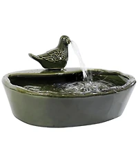 Outdoor Solar Powered Glazed Ceramic Dove Water Fountain with Submersible Pump and Filter - 7" - Green