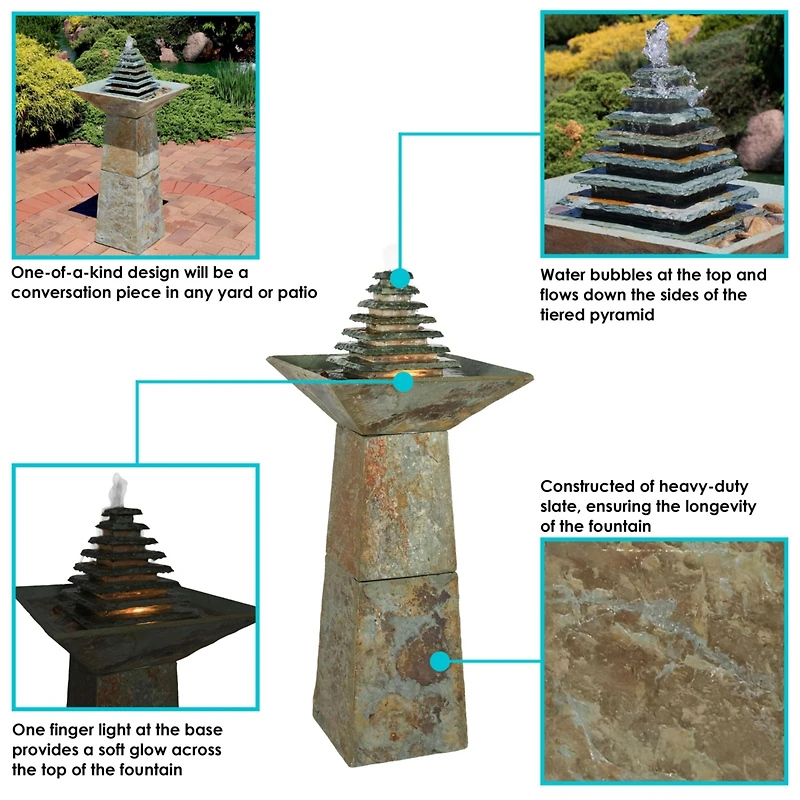 40"H Electric Natural Slate Layered Pyramid Tiered Outdoor Water Fountain with Led Light