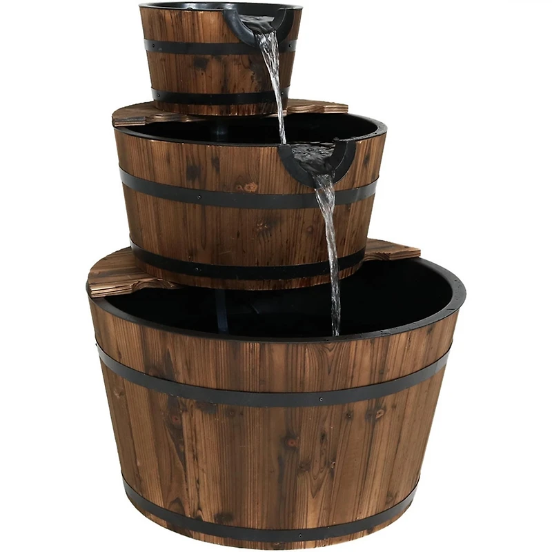 30-Inch 3-Tier Wood Barrel Outdoor Water Fountain - Electric Submersible Pump